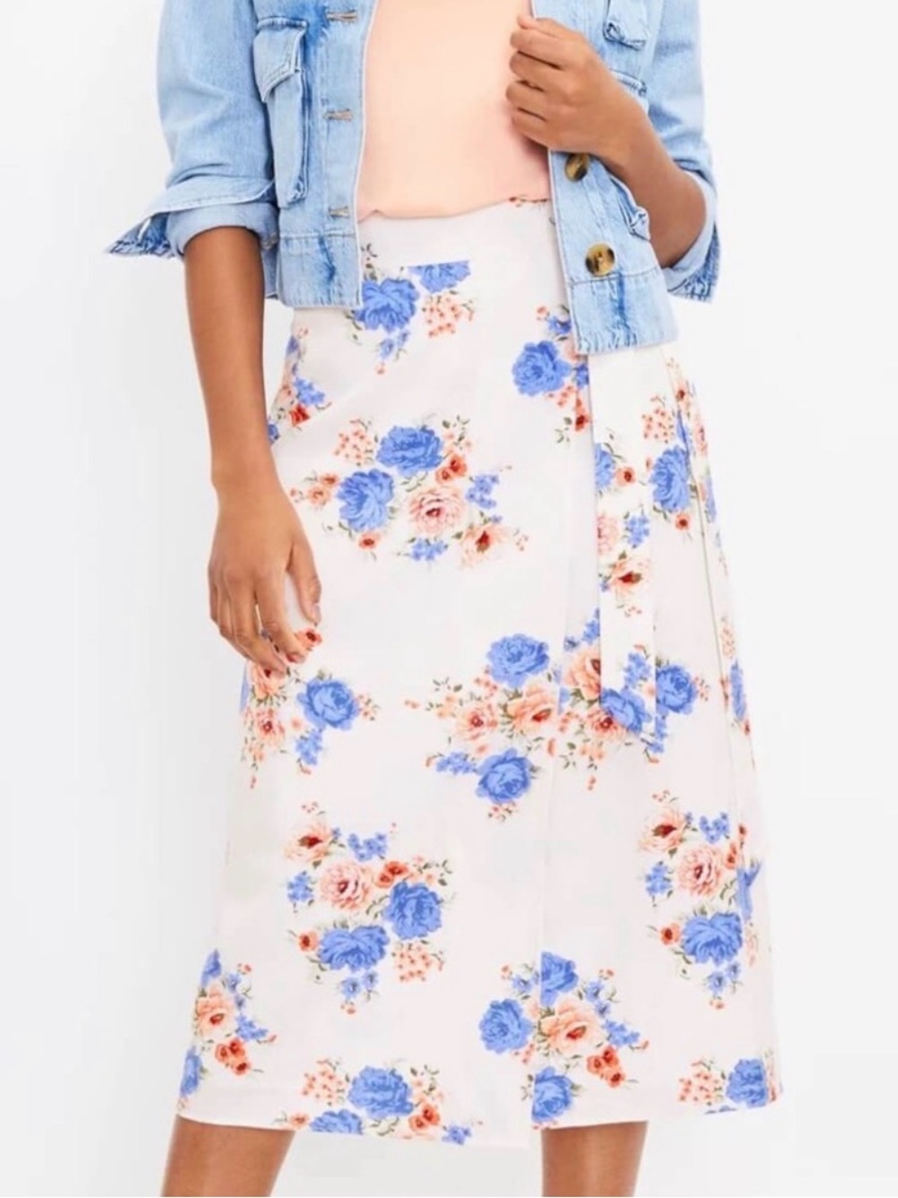 LOFT Floral Wrap Midi Skirt 8 White Blue Pink Coquette Romantic Feminine K67